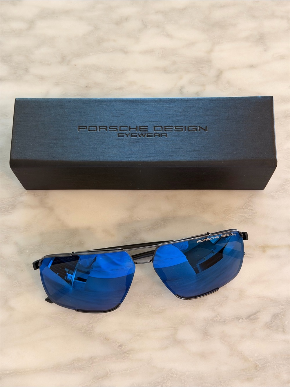 Men’s Porsche Design Black Frame Sunglasses with Blue Lenses